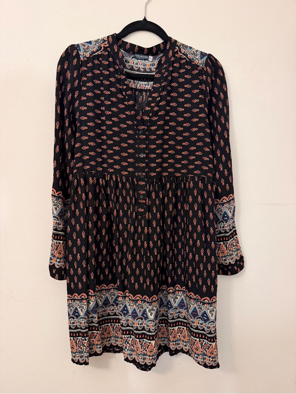 EARTHBOUND Black Paisley-Accent Long Sleeve Button Dress